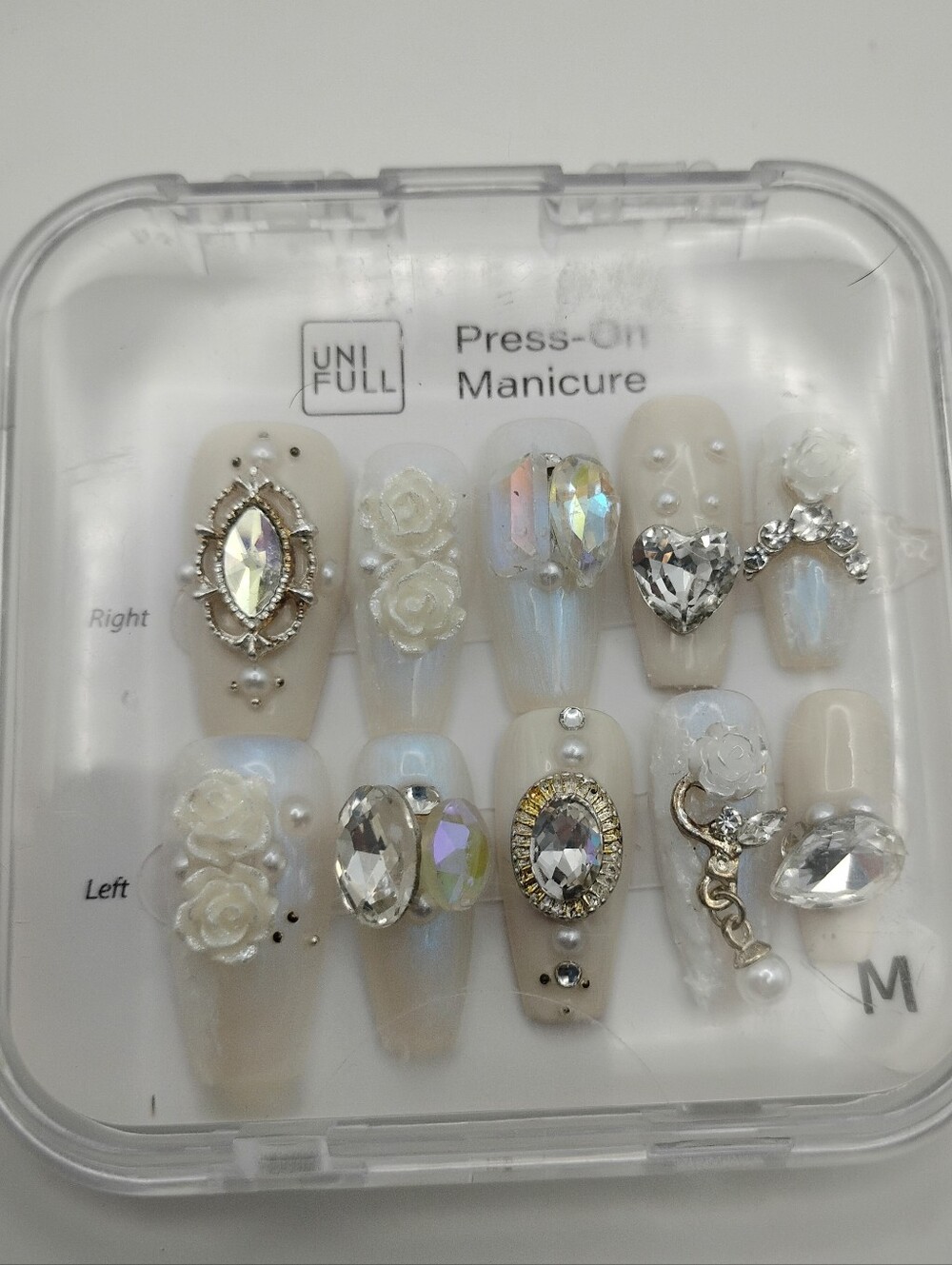 Pearl White Nails With 3D Crystal & Floral Accents (Full Set)